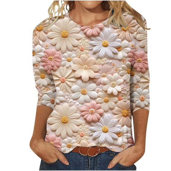 Womens 3/4 Length Sleeve Tops 2024, Valentines and Casual Fashion Style Shirts Crew Neck Loose-Fitting Blouses