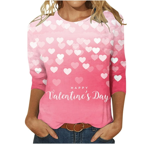Womens 3/4 Length Sleeve Tops 2024, Valentines and Casual Fashion Style Shirts Crew Neck Loose-Fitting Blouses