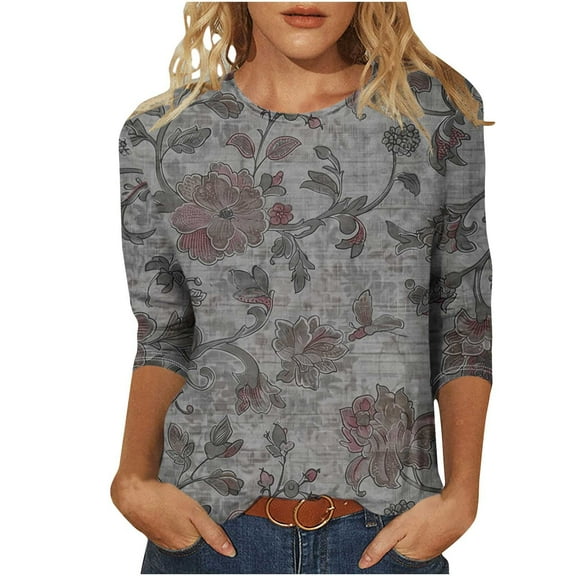 Womens 3/4 Length Sleeve Tops 2025 Floral Print Vintage Loose Fit Floral T-Shirt Plus Size Round Neck Comfy Blouse