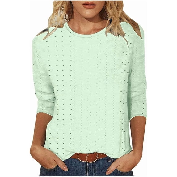 Womens 3/4 Length Eyelet Tops Summer Casual Solid Color Trendy Blouses Loose Fit Work Beach Vacation Shirt