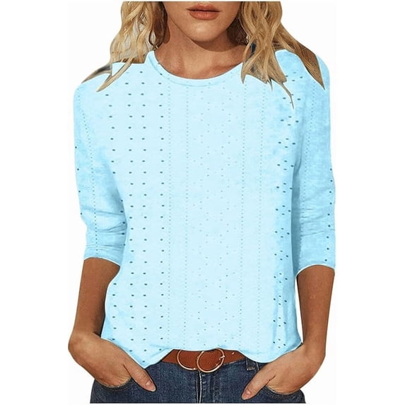 Womens 3/4 Length Eyelet Tops Summer Casual Solid Color Trendy Blouses Loose Fit Work Beach Vacation Shirt