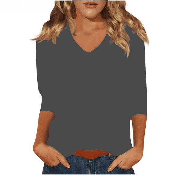 Womens 3/4 Length Sleeve Tops 3/4 Length Sleeve Womens Tops Summer V Neck Shirts Loose Fit Three Quarter Sleeve Tshirts Solid Color Casual Work Shirt