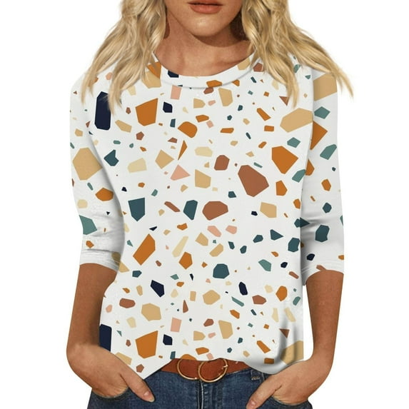 Womens 3/4 Length Sleeve Tops Boho Printed Pullover Round Neck Basic T Shirts Summer Casual Loose Fit Tunic Blouses