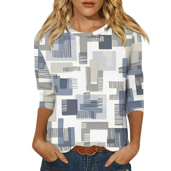 Womens 3/4 Length Sleeve Tops Boho Printed Pullover Round Neck Basic T Shirts Summer Casual Loose Fit Tunic Blouses