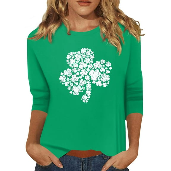 Womens 3/4 Length Sleeve Tops Boho Printed Pullover Round Neck Basic T Shirts Summer Casual Loose Fit Tunic Blouses