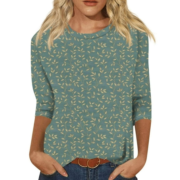 Womens 3/4 Length Sleeve Tops Boho Printed Pullover Round Neck Basic T Shirts Summer Casual Loose Fit Tunic Blouses