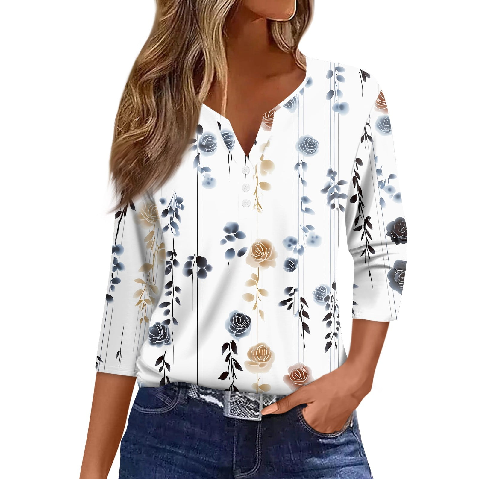 Womens 3/4 Length Sleeve Tops Casual Henley Summer Shirts Loose Fit ...