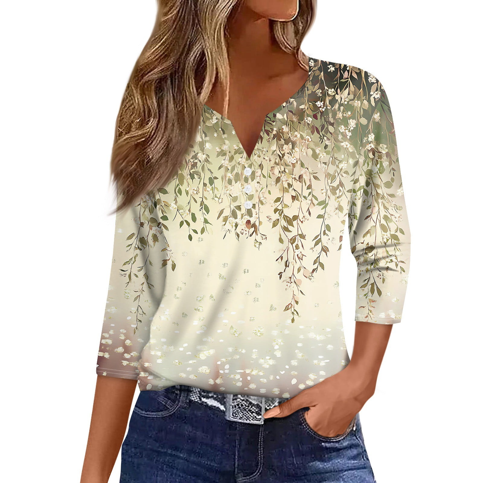 Womens 3/4 Length Sleeve Tops Casual Henley Summer Shirts Loose Fit ...