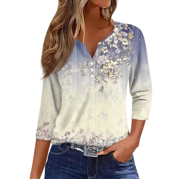 Womens 3/4 Length Sleeve Tops Casual Henley Summer Shirts Loose Fit Three Quarter Length Sleeve Blouses