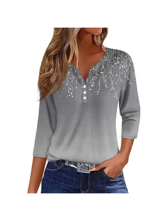 Womens 3/4 Length Sleeve Tops Casual Henley Summer Shirts Loose Fit Three Quarter Length Sleeve Blouses