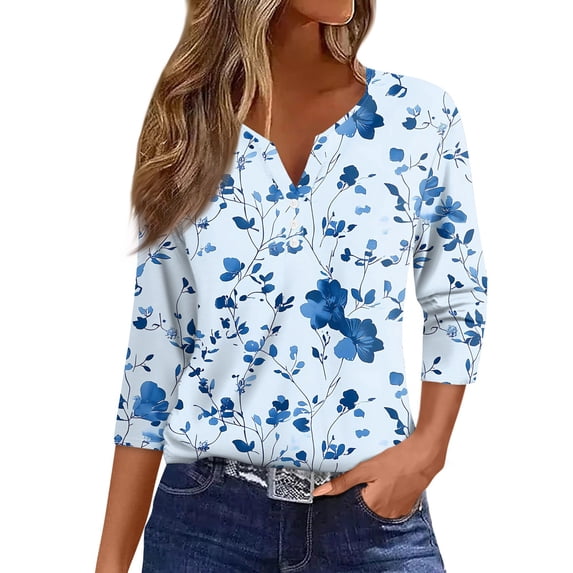 Womens 3/4 Length Sleeve Tops Casual Henley Summer Shirts Loose Fit Three Quarter Length Sleeve Blouses
