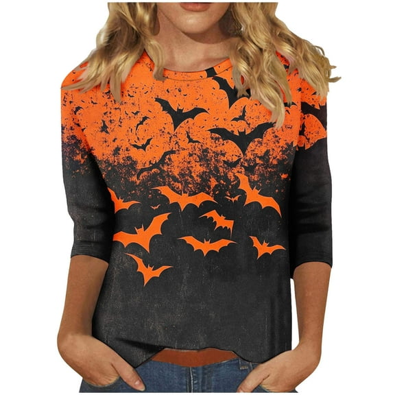 Womens 3/4 Length Sleeve Tops Casual Loose Fit Crewneck T Shirts Printed Three Quarter Length Tunic Tops