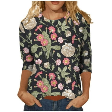 Womens 3/4 Length Sleeve Tops Casual Three Quarter Sleeve T-Shirts Round Neck Cute Tunic Tops Summer Blouses