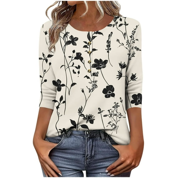 Womens 3/4 Length Sleeve Tops Colorblock Patchwork Casual T-Shirts Buttons Crewneck Printed Trendy Tees (M, Khaki|Floral)