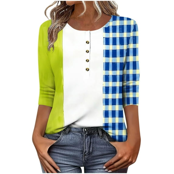 Womens 3/4 Length Sleeve Tops Colorblock Patchwork Casual T-Shirts Buttons Crewneck Printed Trendy Tees (XL, Green)