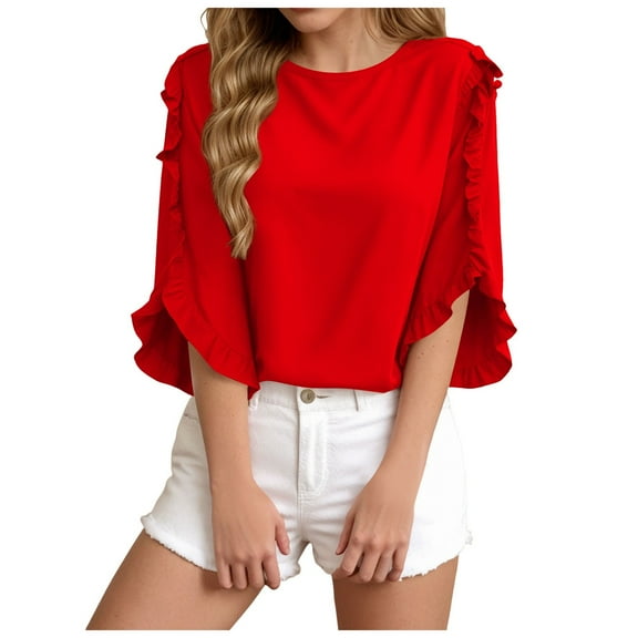 Womens 3/4 Length Sleeve Tops Crew Neck Solid Color Fashion Shirts Spring Summer Business Casual Blouses Shirt