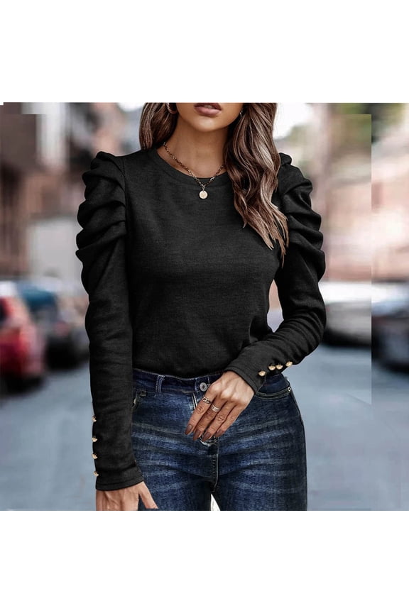 Womens 3/4 Length Sleeve Tops Dressy Casual Blouse Puff Sleeve Cute Trendy T Shirts with Smocked Cuffs Black XXL