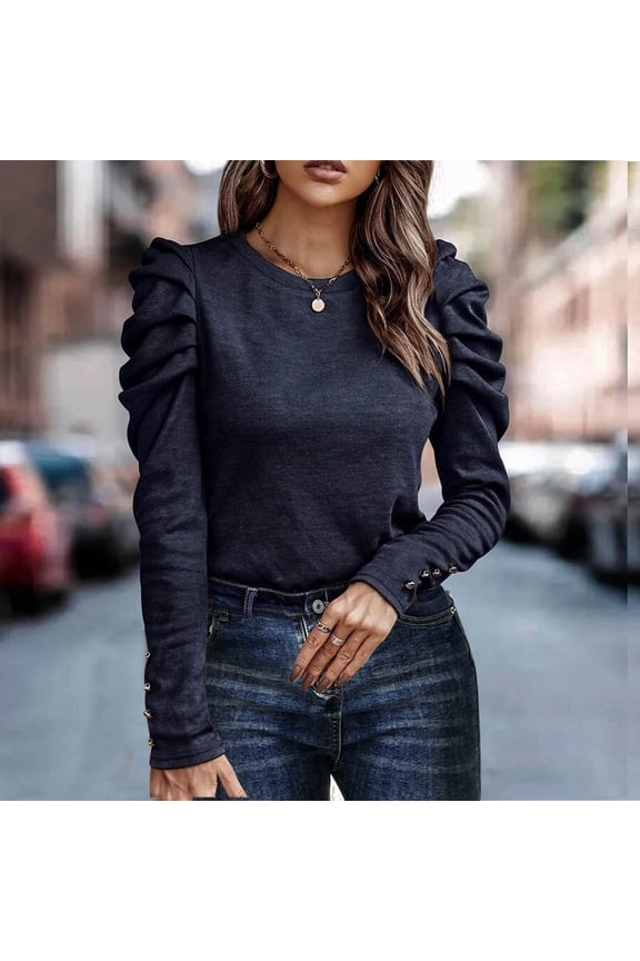 Womens 3/4 Length Sleeve Tops Dressy Casual Blouse Puff Sleeve Cute Trendy T Shirts with Smocked Cuffs Navy M