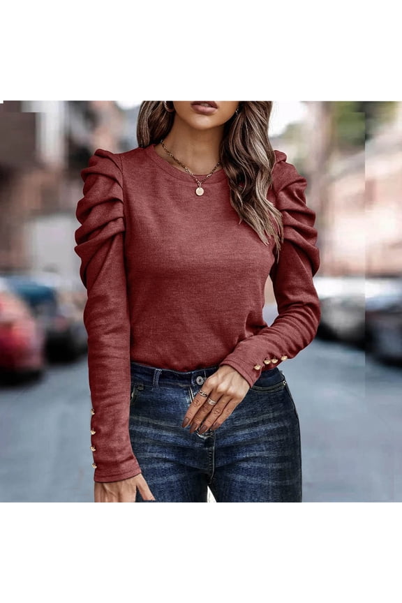 Womens 3/4 Length Sleeve Tops Dressy Casual Blouse Puff Sleeve Cute Trendy T Shirts with Smocked Cuffs Wine XL