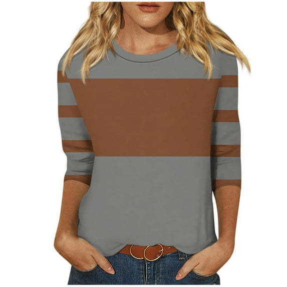 Womens 3/4 Length Sleeve Tops Fall Striped Color Block Trendy Casual Loose Fit Crewneck Sweatshirts Basic Work Daily Wear Tops,Brown,XL