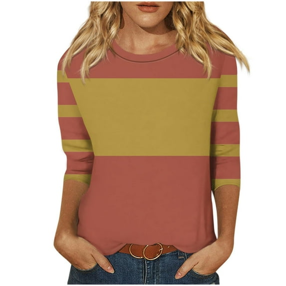Womens 3/4 Length Sleeve Tops Fall Striped Color Block Trendy Casual Loose Fit Crewneck Sweatshirts Basic Work Daily Wear Tops,Watermelon Red 1,M