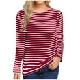 thumbnail image 1 of Womens 3/4 Length Sleeve Tops Fall Striped Color Block Trendy Casual Loose Fit Crewneck Sweatshirts Basic Work Daily Wear Tops,Wine 1,M, 1 of 3