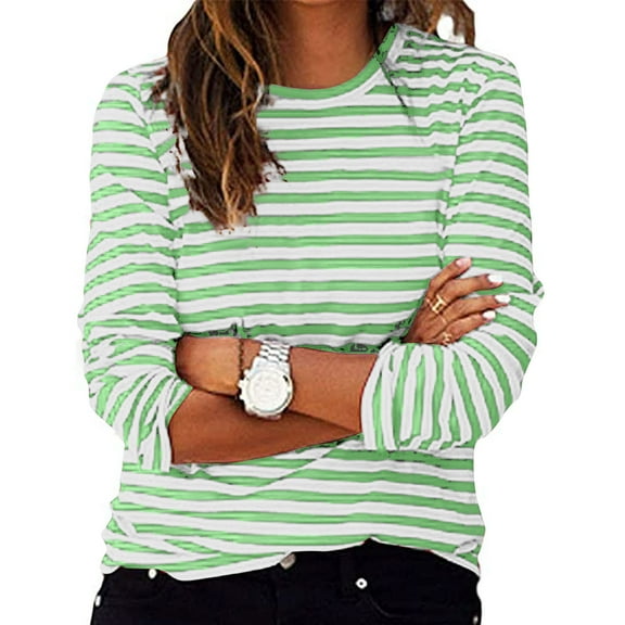 Womens 3/4 Length Sleeve Tops Fall Striped Trendy Casual Loose Fit Crewneck Sweatshirts Basic Work Daily Plus Size Tops,Green 1,M