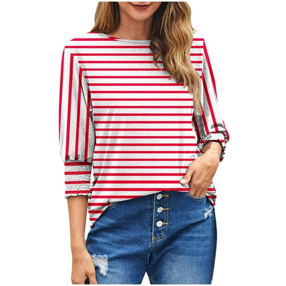 Womens 3/4 Length Sleeve Tops Fall Striped Trendy Casual Loose Fit Crewneck Sweatshirts Basic Work Daily Plus Size Tops,Red,XL