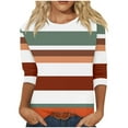 thumbnail image 1 of Womens 3/4 Length Sleeve Tops Fall Striped Trendy Casual Loose Fit Crewneck Sweatshirts Basic Work Daily Wear Tops,Coffee,2XL, 1 of 3