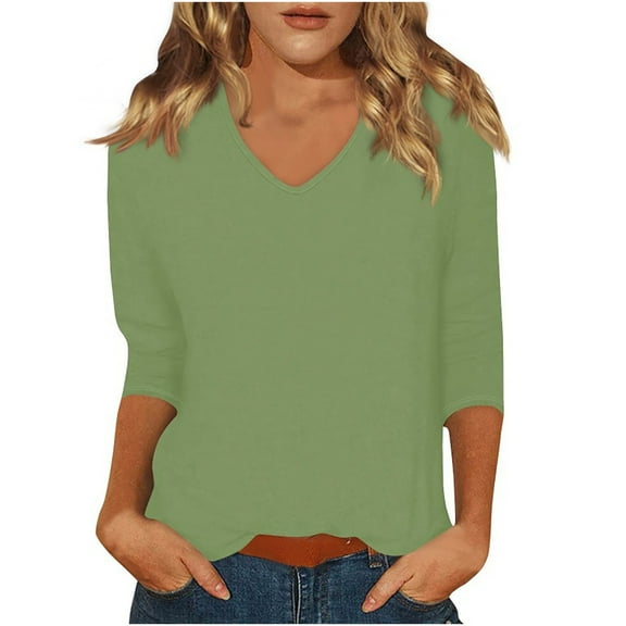 Womens 3/4 Length Sleeve Tops Fall Summer V Neck Basic Plain Tee Shirts Dressy Casual Work Tunic Blouses Trendy 2025 Outfit Clothes