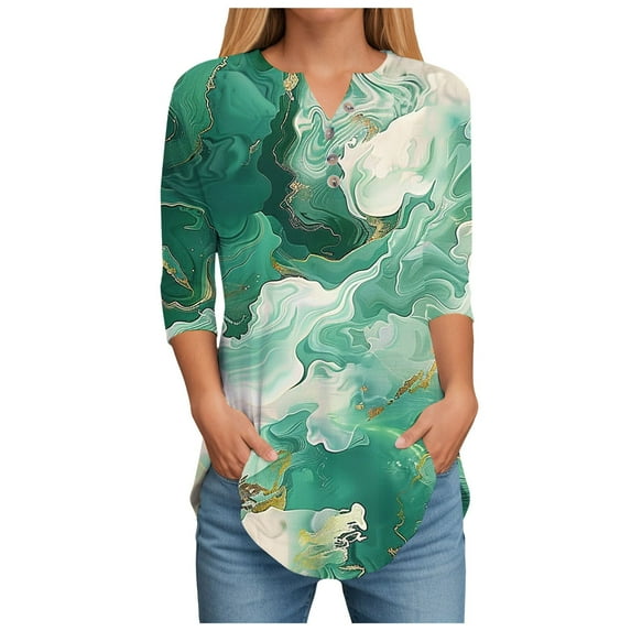 Womens 3/4 Length Sleeve Tops Spring Neck Casual Print Tunic T Shirts Three Quarter Length Womens Tops