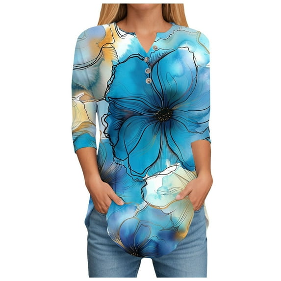 Womens 3/4 Length Sleeve Tops Spring Neck Casual Print Tunic T Shirts Three Quarter Length Womens Tops