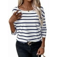 thumbnail image 1 of Womens 3/4 Length Sleeve Tops Striped Boat Neck Shirt Frenchy Cotton Tees Blue XXL, 1 of 6