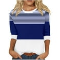 thumbnail image 1 of Womens 3/4 Length Sleeve Tops Trendy Striped T Shirts Crew Neck Colorblock Casual Fall Basic Tees Graphic Tshirts (2XL, Dark Blue), 1 of 5