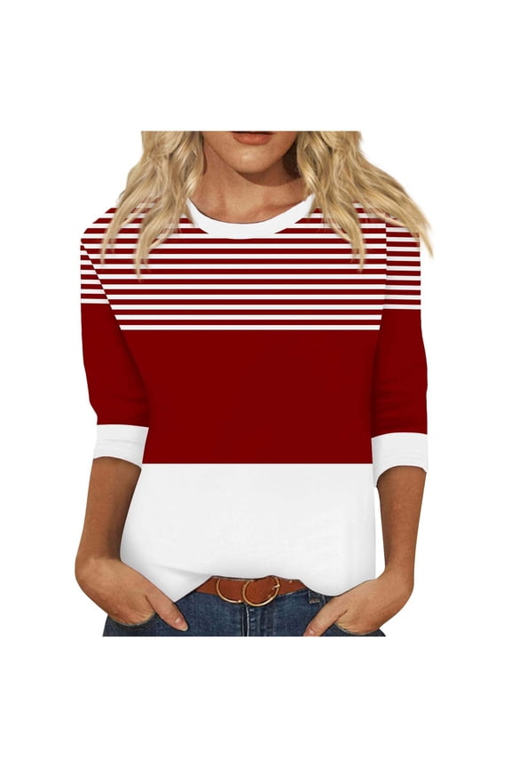 Womens 3/4 Length Sleeve Tops Trendy Striped T Shirts Crew Neck Colorblock Casual Fall Basic Tees Graphic Tshirts (S, Red)