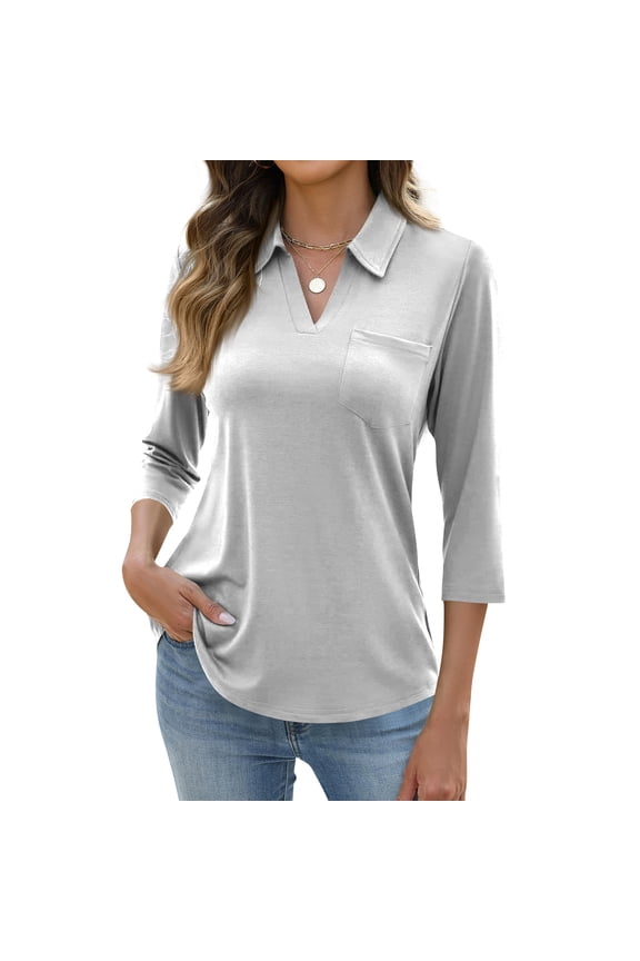 Womens 3/4 Length Sleeve Tops V Neck Casual Basic Tees Work Polo Shirts Collared Summer Top with Front Pocket Light Gray S