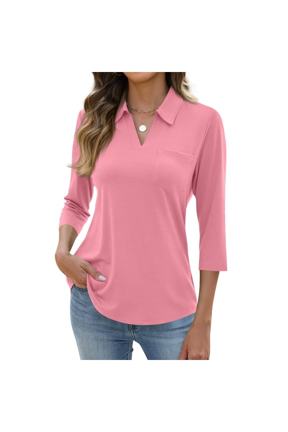 Womens 3/4 Length Sleeve Tops V Neck Casual Basic Tees Work Polo Shirts Collared Summer Top with Front Pocket Pink 2XL
