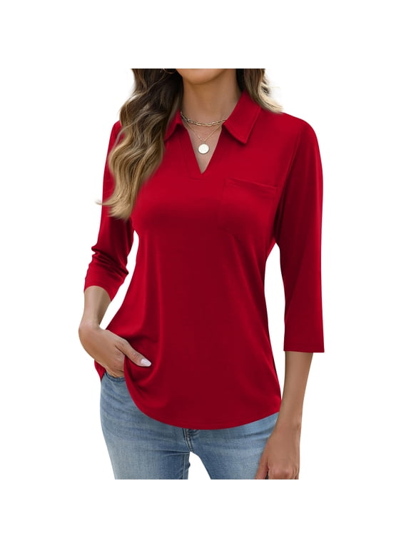 Womens 3/4 Length Sleeve Tops V Neck Casual Basic Tees Work Polo Shirts Collared Summer Top with Front Pocket Red L