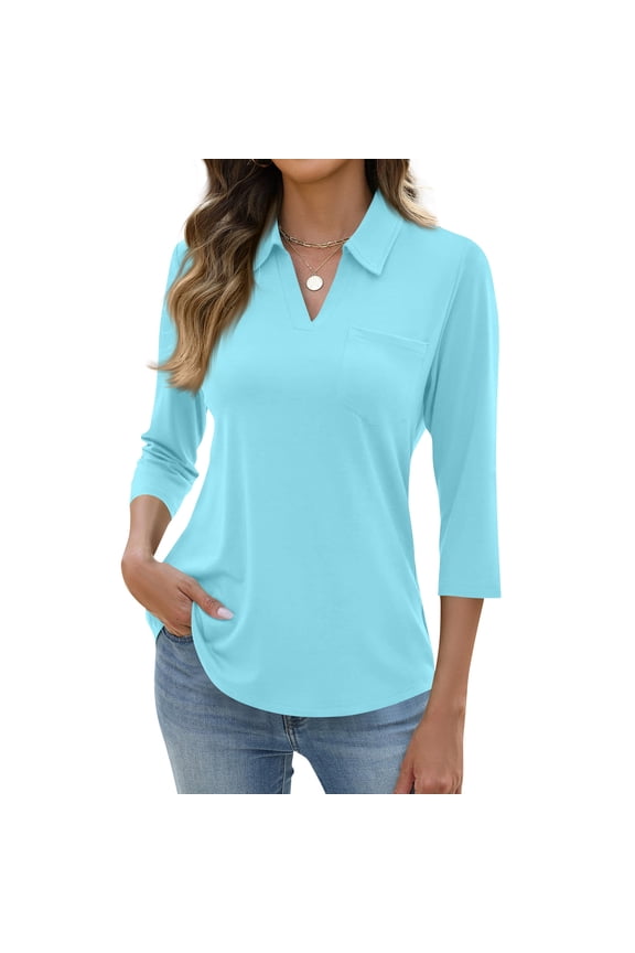 Womens 3/4 Length Sleeve Tops V Neck Casual Basic Tees Work Polo Shirts Collared Summer Top with Front Pocket Sky Blue M