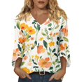 thumbnail image 1 of Womens 3/4 Length Sleeve Tops V Neck Floral Print Casual Blouses Soft Basic Tee Loose Fit Business Work Flowy Tunic Blouses, 1 of 6