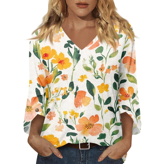 Womens 3/4 Length Sleeve Tops V Neck Floral Print Casual Blouses Soft Basic Tee Loose Fit Business Work Flowy Tunic Blouses