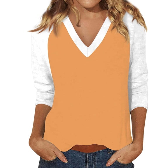 Womens 3/4 Length Sleeve Tops, Yigetop Women's Tops Printed Women's Top 3/4 Sleeves Blouse Short Sleeve T Shirt V Neck T Shirt 3/4 Sleeve Top Gold 2XL