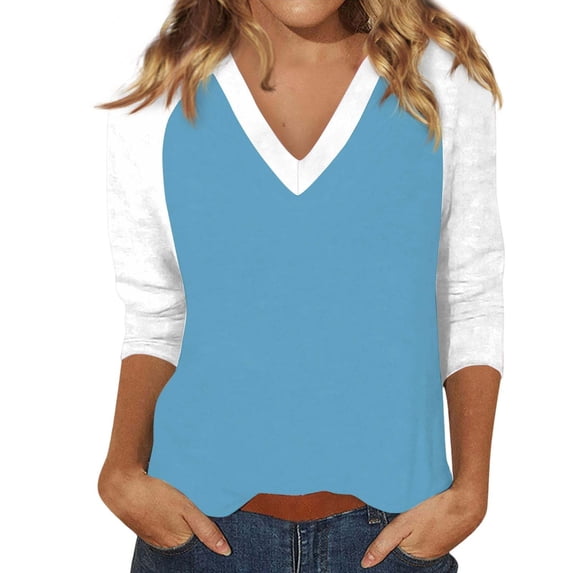 Womens 3/4 Length Sleeve Tops, Yigetop Women's Tops Printed Women's Top 3/4 Sleeves Blouse Short Sleeve T Shirt V Neck T Shirt 3/4 Sleeve Top Sky Blue 2XL