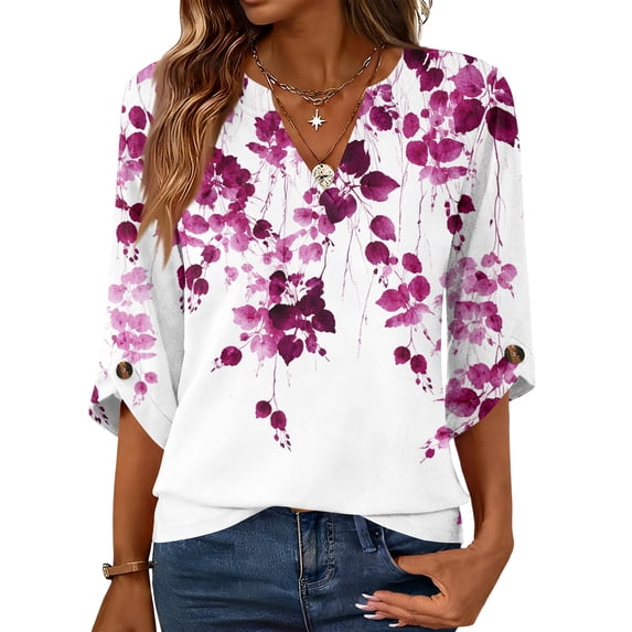 Womens 3/4 Length Sleeve Tunic Tops Casual V Neck Shirts Business Work Blouses Trendy Flowy Tees, Size: S-2XL