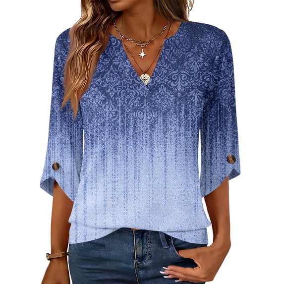 Womens 3/4 Length Sleeve Tunic Tops Casual V Neck Shirts Business Work Blouses Trendy Flowy Tees, Size: S-2XL
