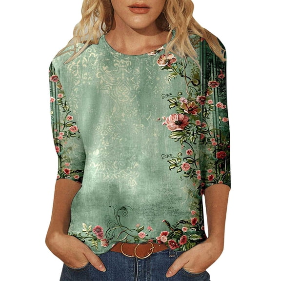 Womens 3/4 Length Sleeve Tunic Tops Dressy Casual Crew Neck Loose Fit Shirts Fashion Floral Print Fall Spring Blouses