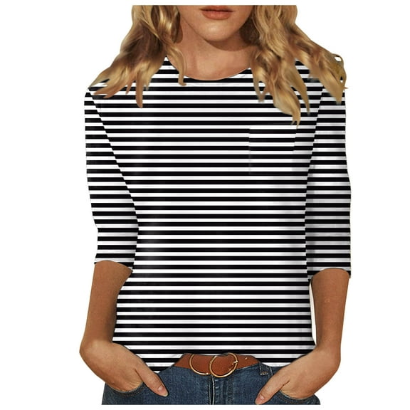 Womens 3/4 Length Sleeve Tunic Tops Striped Dressy Crewneck Regular Fit Shirts Fall Casual Business Blouses