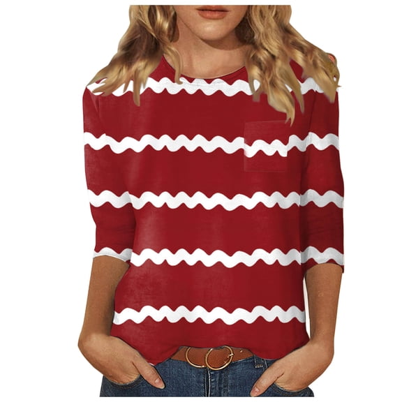 Womens 3/4 Length Sleeve Tunic Tops Striped Dressy Crewneck Regular Fit Shirts Fall Casual Business Blouses