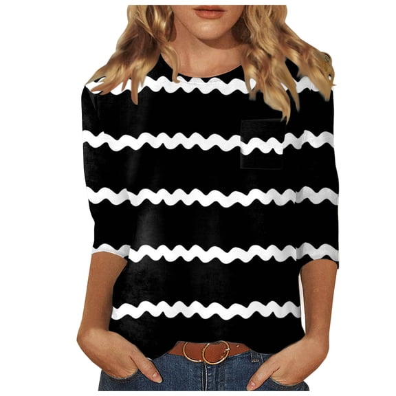 Womens 3/4 Length Sleeve Tunic Tops Striped Dressy Crewneck Regular Fit Shirts Fall Casual Business Blouses