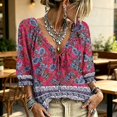 thumbnail image 1 of Womens 3/4 Length Sleeve Tunic Tops Women's V-Neck Abstract Geometric Print Drawstring Ruffle 3/4 Sleeve Summer Casual Flowy Tops, 1 of 5